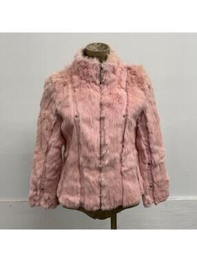 Vintage Y2K Pastel Baby Pink Rabbit Fur & Leather Panel Moto Jacket